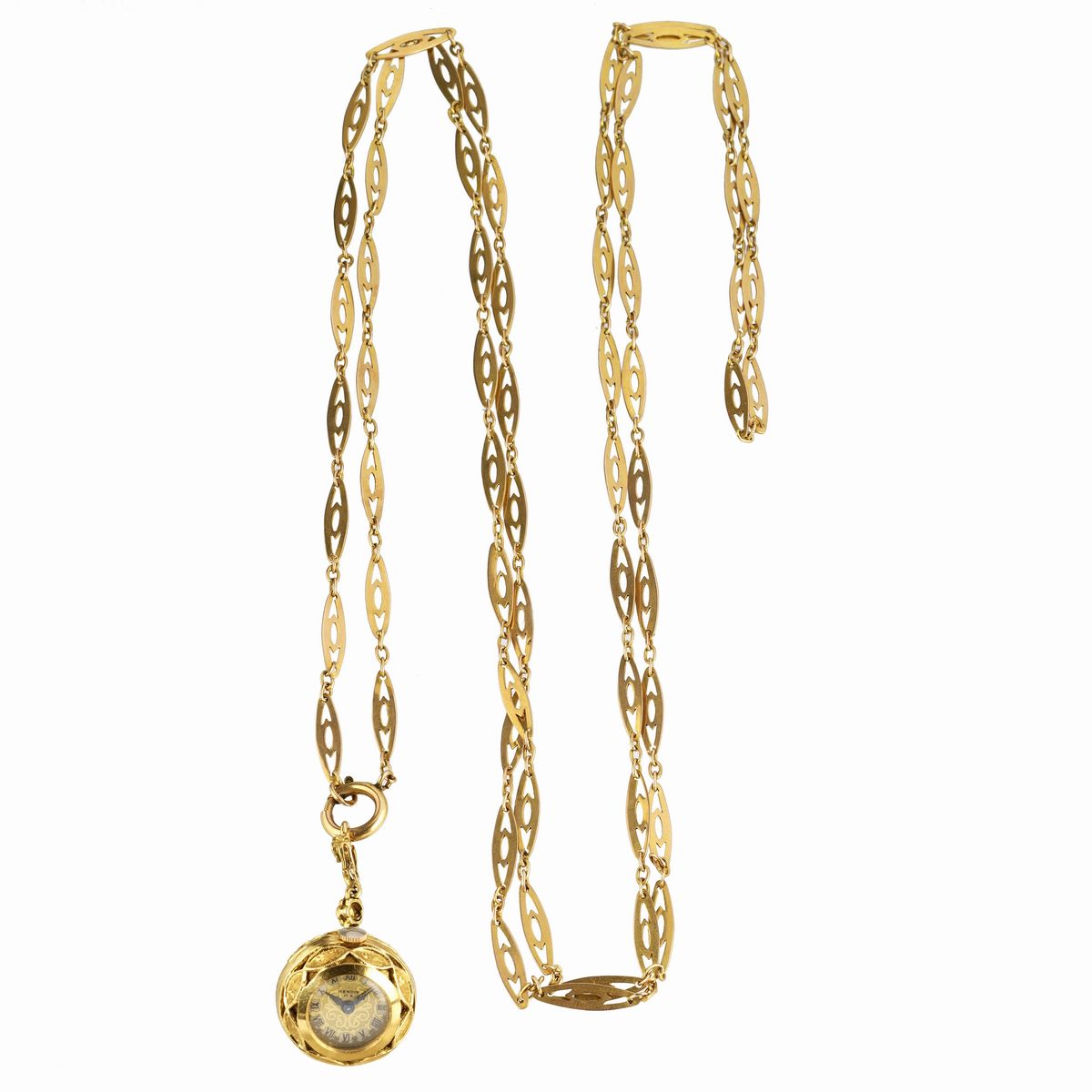 Orologio pendente a boulle in oro giallo 18 kt con lunga catena in oro giallo 9 kt