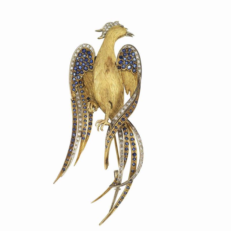 Grande spilla Fenice in oro giallo 18 kt, oro bianco, diamanti e zaffiri