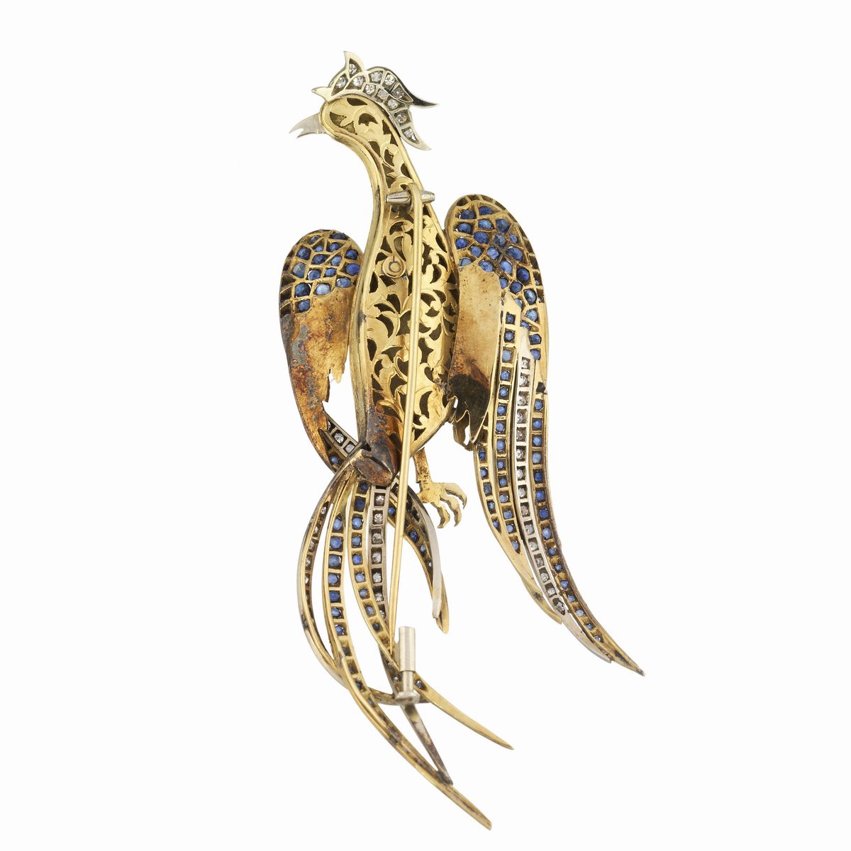 Grande spilla Fenice in oro giallo 18 kt, oro bianco, diamanti e zaffiri