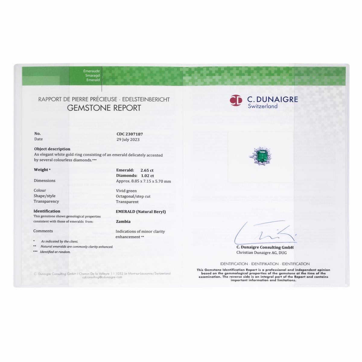 Anello a margherita in oro bianco 18 kt e smeraldo Zambia