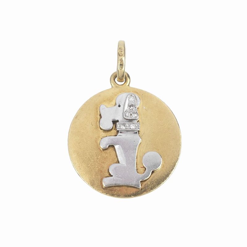 Pomellato - Medaglietta Pendente Cagnolino in Oro Giallo, Oro Bianco 18 Kt e Diamanti