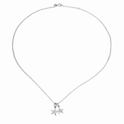 Catena a Maglie in Oro Bianco e Due Stelle Pendenti in Oro Bianco 18 Kt e Diamanti Dodo