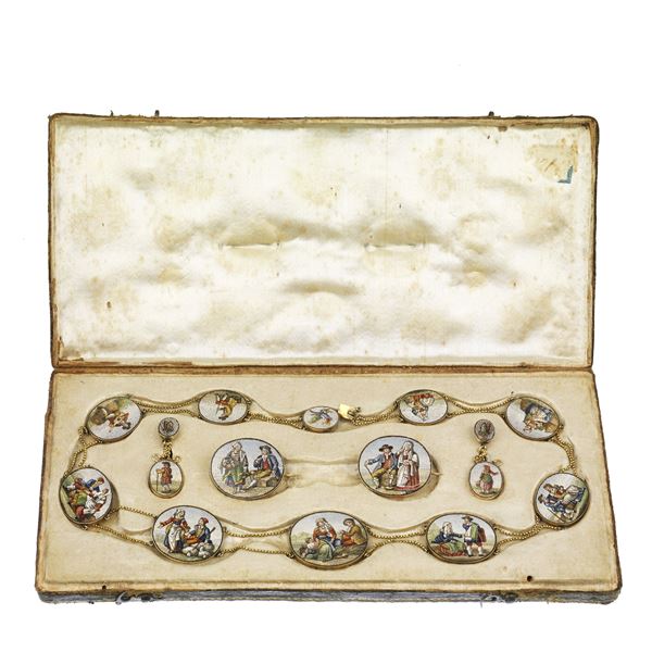 Rare yellow gold parure with Sixteen Cameos in micromosaic depicting rural scenes