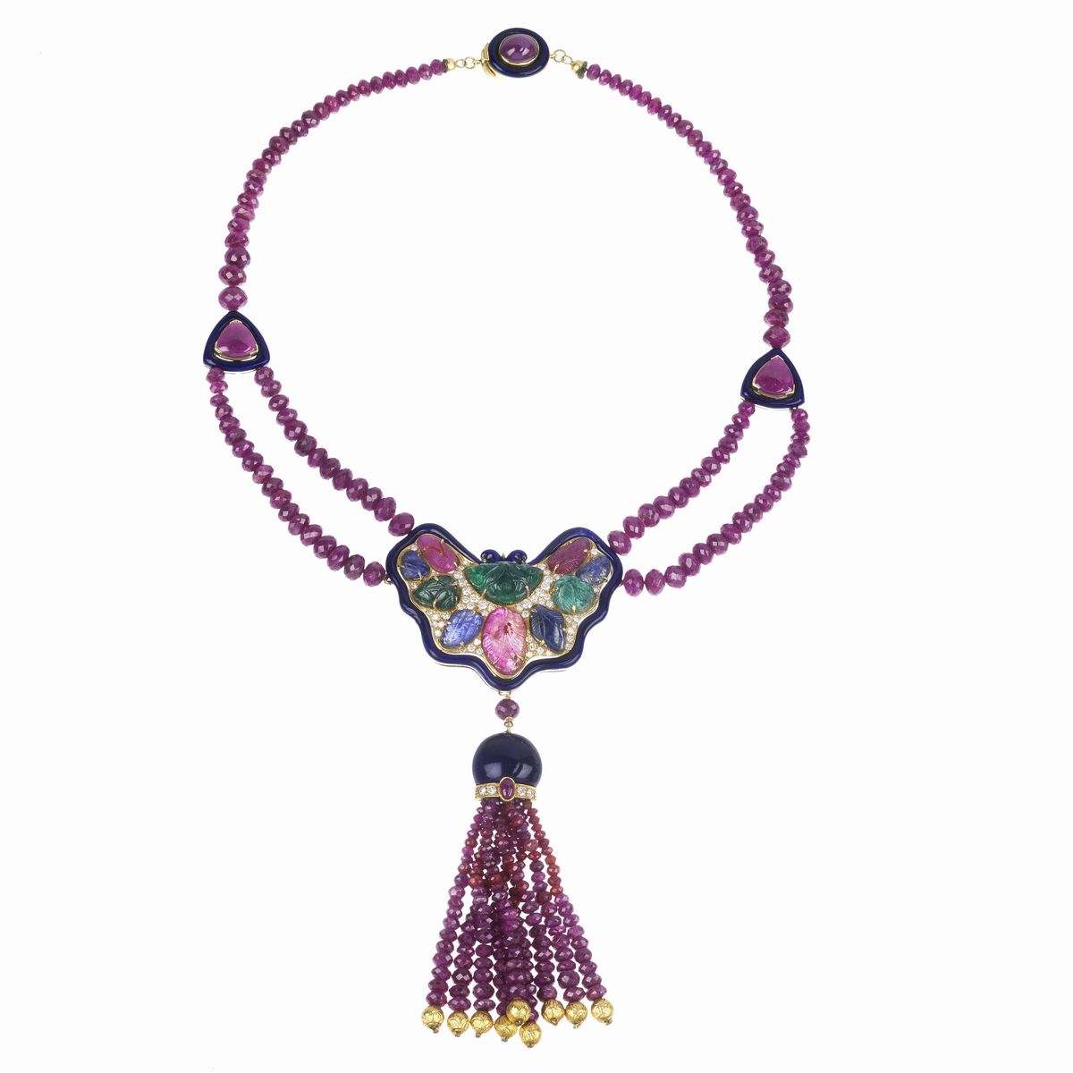 Lunga Collana in Oro Giallo 18 Kt, Diamanti, Smalto Blu, Rubini, Smeraldi e Zaffiri