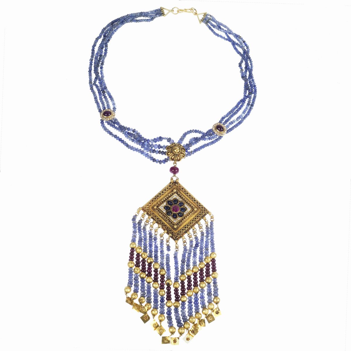 Collana con Lungo Pendente in Oro Giallo 18 Kt, Diamanti, Zaffiri e Rubini