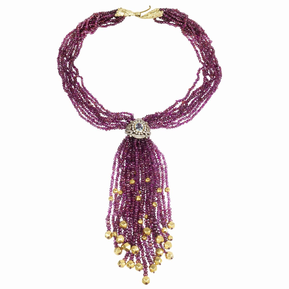Lunga Collana in Oro Giallo 18 Kt, Granato, Diamanti e Acquamarina