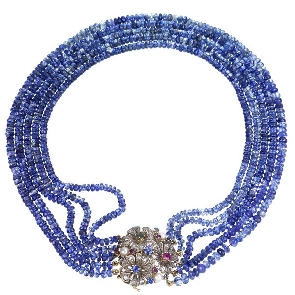 Choker in 14 kt gold, silver, kyanite, diamonds, pearls, rubies, emeralds and sapphires