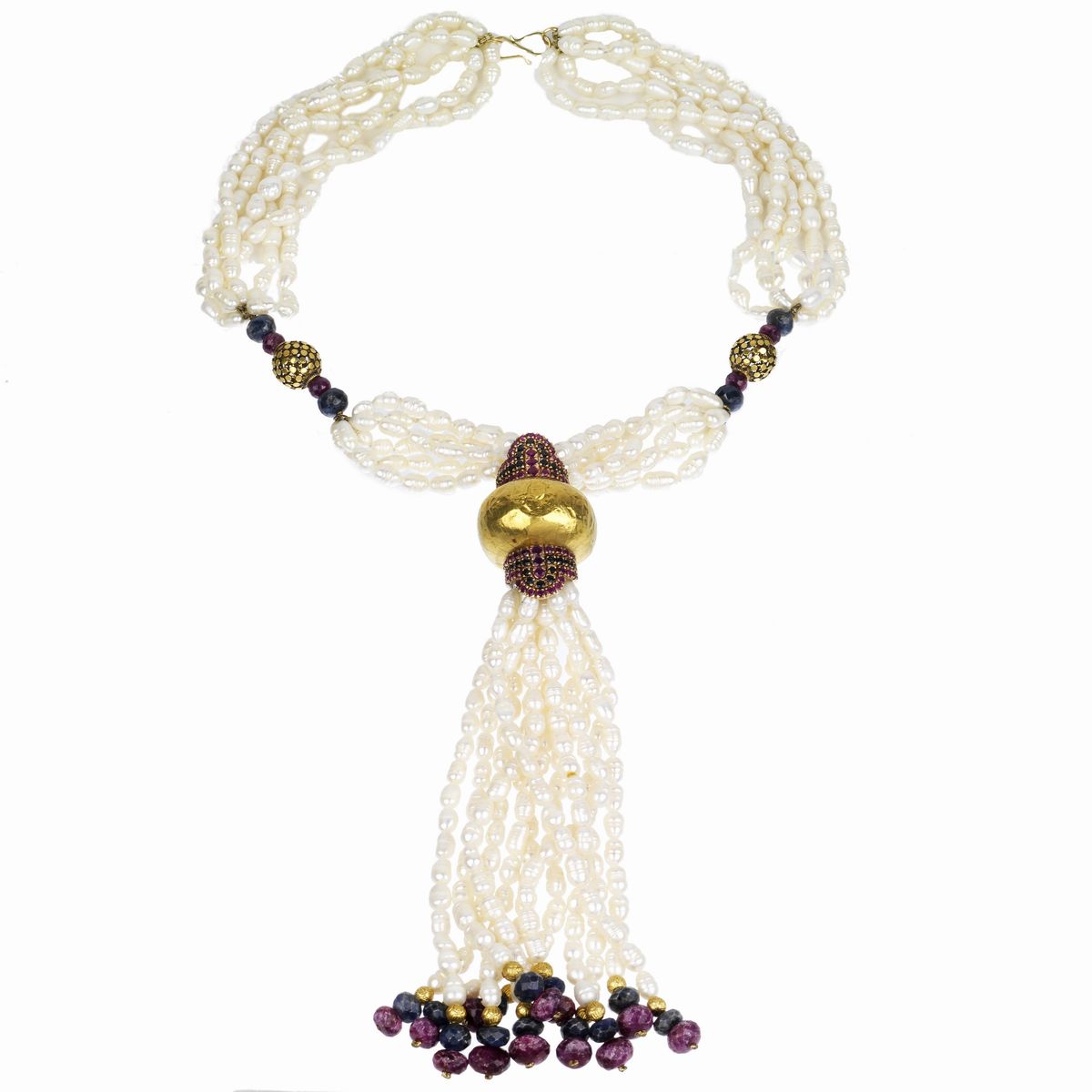 Lunga Collana in Oro Giallo e Oro Rosa 18 Kt, Perle di Fiume, Zaffiri e Rubini