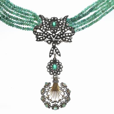 Collana in Oro Giallo 18 Kt, Oro a Basso Titolo, Argento, Diamanti e Smeraldi