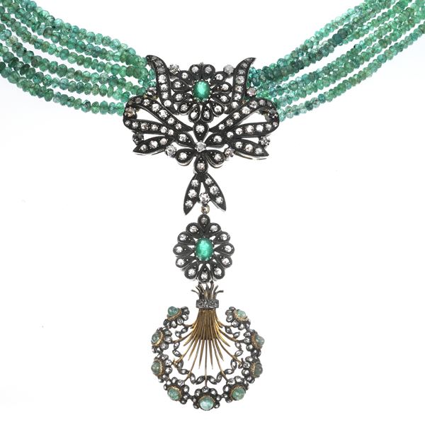 Necklace in 18 kt yellow gold, low title gold, silver, diamonds and emeralds