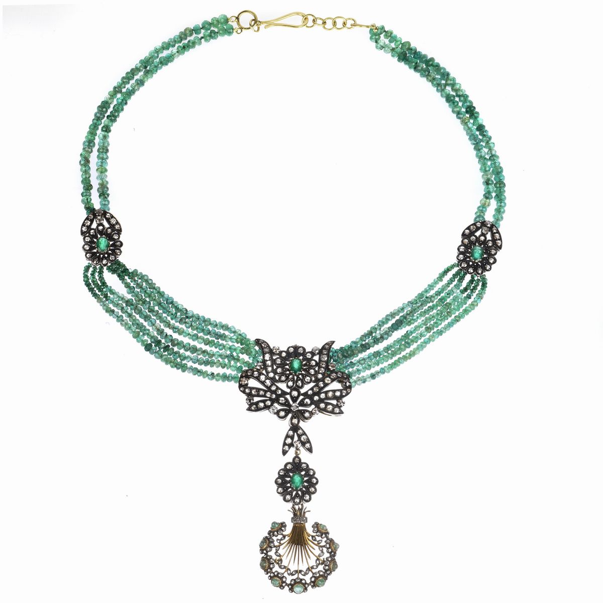 Collana in Oro Giallo 18 Kt, Oro a Basso Titolo, Argento, Diamanti e Smeraldi