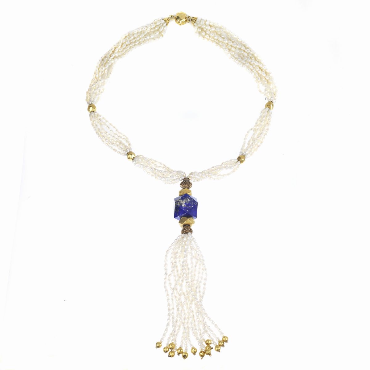 Lunga Collana in Oro Giallo 18 Kt, Perle di Fiume e Lapislazzulo