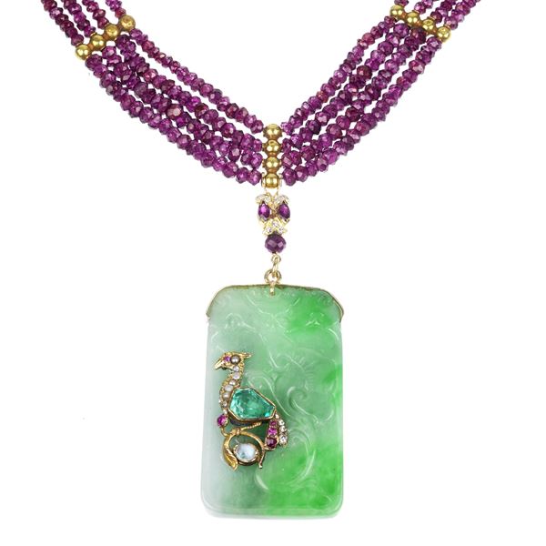 Necklace with pendant in 18 and 9 kt yellow gold, rubies, jade, diamonds and emerald