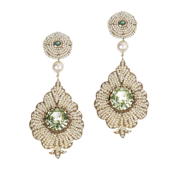 Large pendant earrings in 9 kt gold, micropearls, pearls, emeralds and green tourmalines