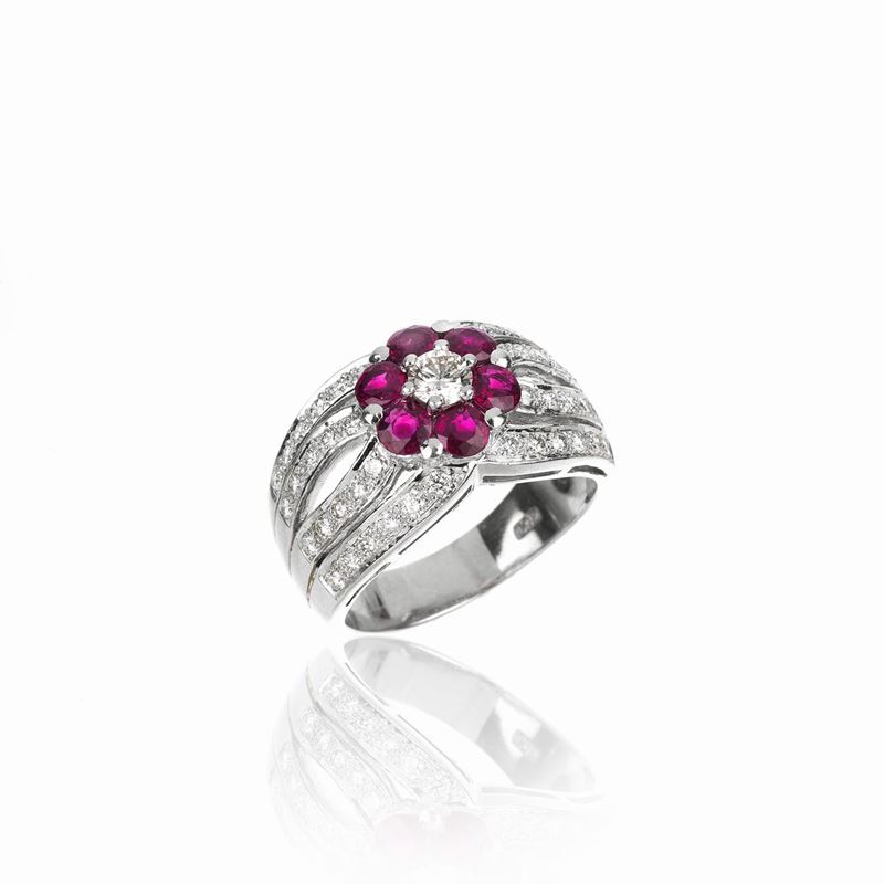 Anello in oro bianco 18 kt, diamanti e rubini