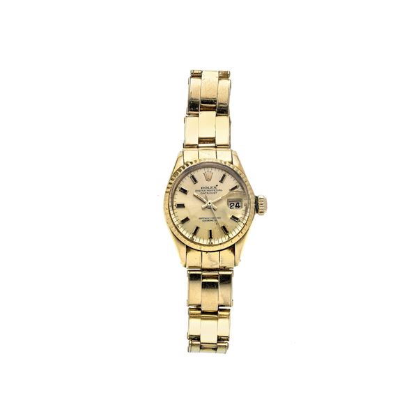 ROLEX : Oyster Perpetual Date Just ladies wristwatch ref. 6517, in 18K yellow gold, with guarantee  (1968)  - Auction Auction of Antique, Modern, Wristwatches and Jewellery from a Roman Collection - Curio - Casa d'aste in Firenze