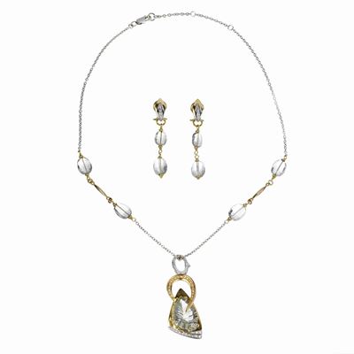 Parure in Oro Bianco e Oro Giallo 18 Kt, Diamanti e Acquamarina