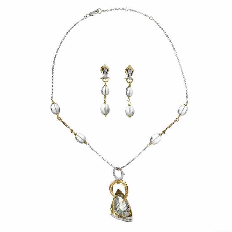 Parure in Oro Bianco e Oro Giallo 18 Kt, Diamanti e Acquamarina