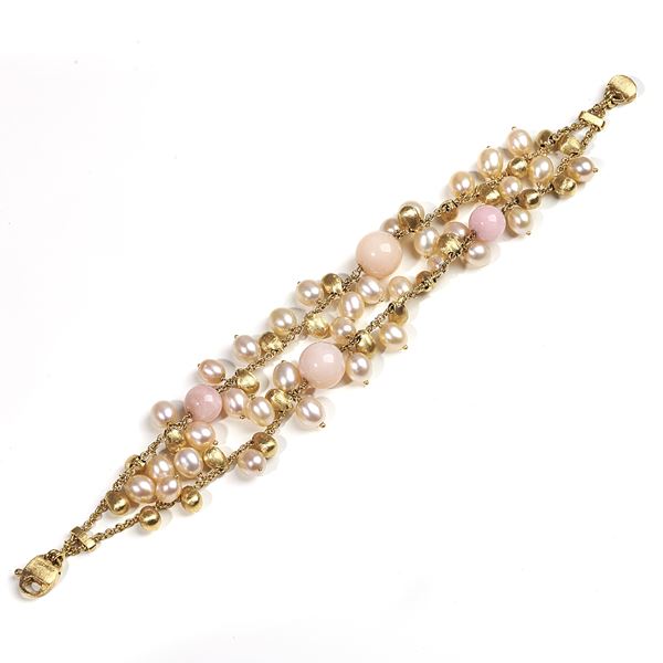 MARCO BICEGO Bracelet in engraved 18 kt yellow gold, hard stone and cultured pearls
