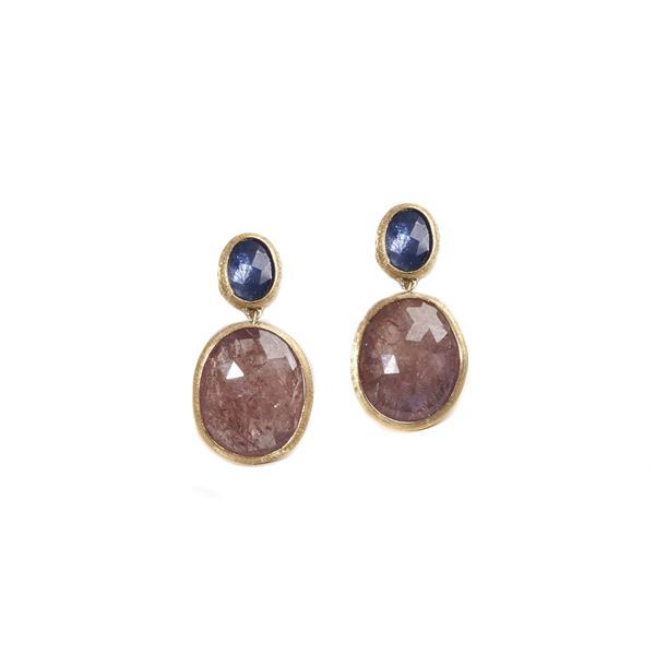 MARCO BICEGO Pair of pendant earrings in yellow gold, sapphire root and ruby root