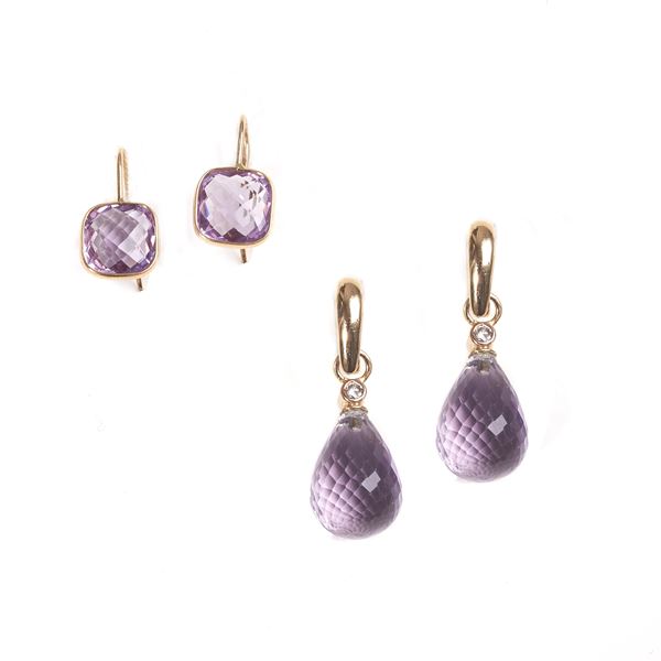 Pair of earrings in 18 kt yellow gold and amethyst and another pair with diamonds and drop amethyst