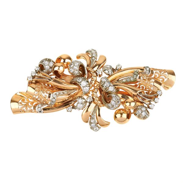Large removable brooch in 18 kt yellow and white gold and diamonds