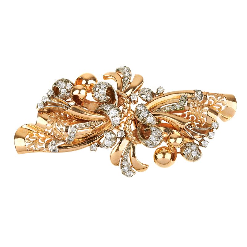 Grande spilla smontabile in oro giallo e oro bianco 18 kt e diamanti