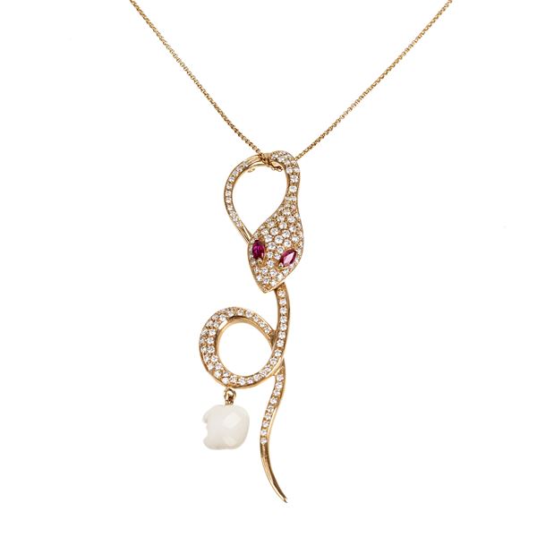 Snake pendant with 18 kt rose gold chain, diamonds and rubies