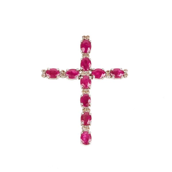 Cross in 18 kt white gold, diamonds and rubies