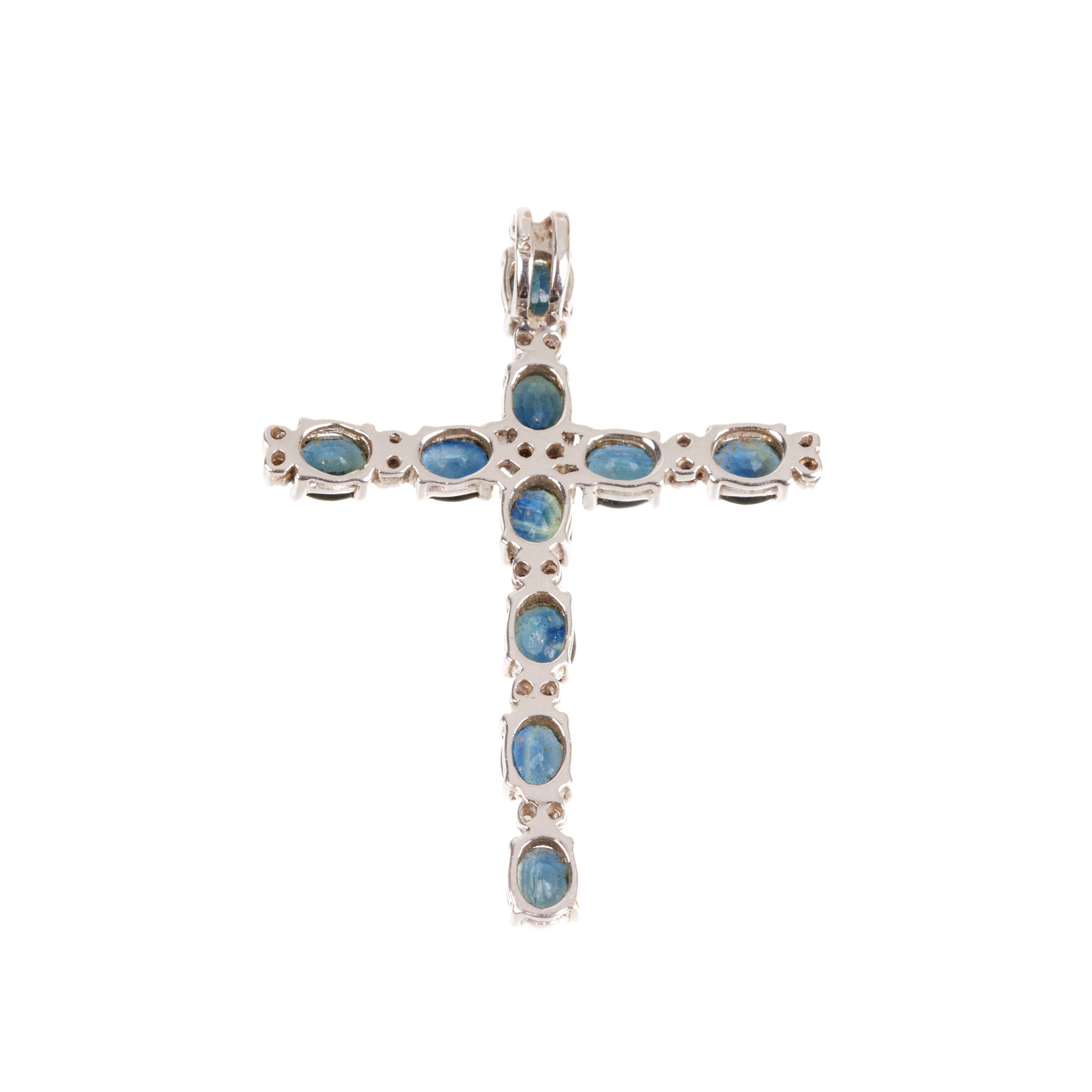 Croce in oro bianco 18 kt , diamanti e zaffiri verdi