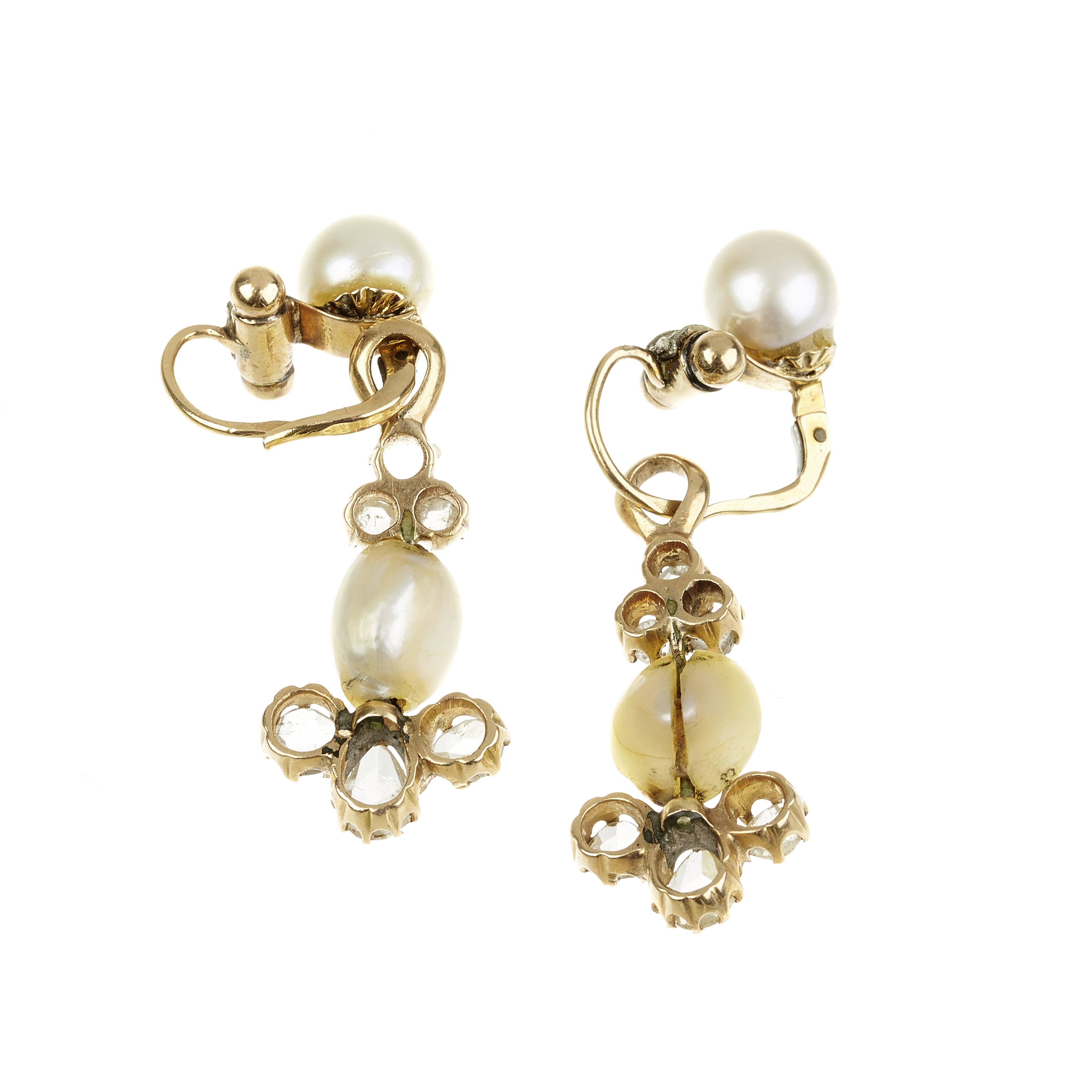 Paio di Orecchini Pendenti in Oro Giallo e Rosa 18 Kt, Diamanti e Perle