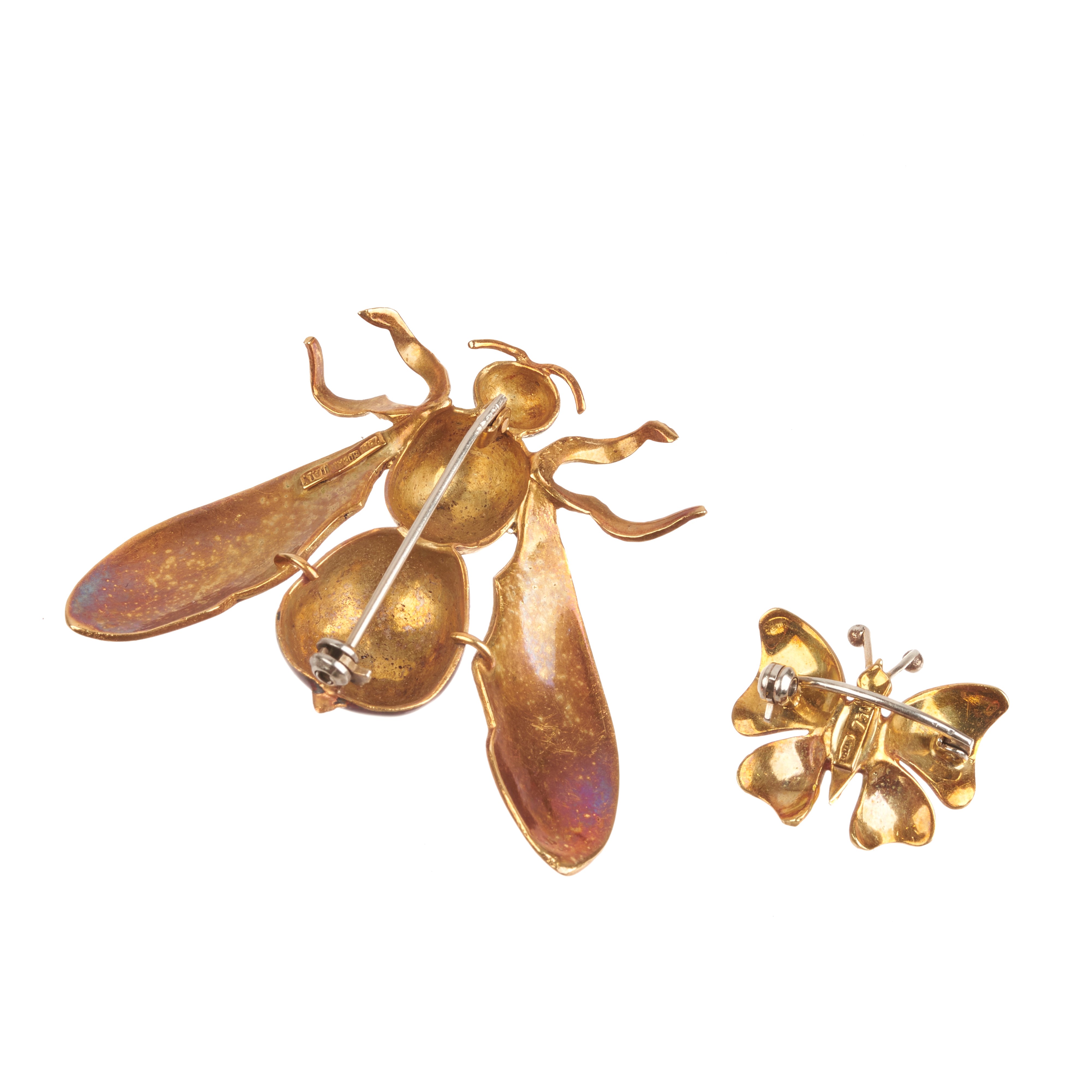 Grande spilla animalier in oro giallo 18 kt e smalti e spilla a farfalla in oro giallo 18k e smal...