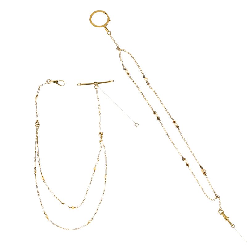 Due Catene da Orologio a Aglie Intrecciate in Oro 18 Kt e Microperle
