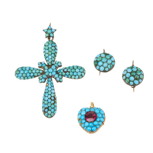 Earrings in 9kt turquoise gold, cross and heart pendants in 18kt yellow gold, turquoise and corundum