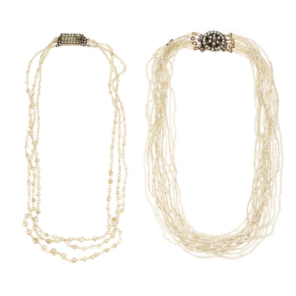Multi-strand necklace in micropearls and 18 and 9 kt gold and another similar one in micropearls and 9 kt gold
