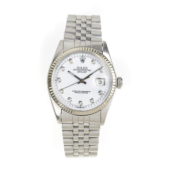 ROLEX - Steel, mother-of-pearl and diamond wristwatch Date Just Oyster Perpetual Ref. 16014