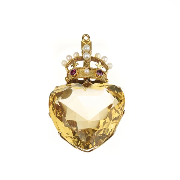 Grande pendente Corona in oro giallo 18 kt, perle, rubini e quarzo giallo