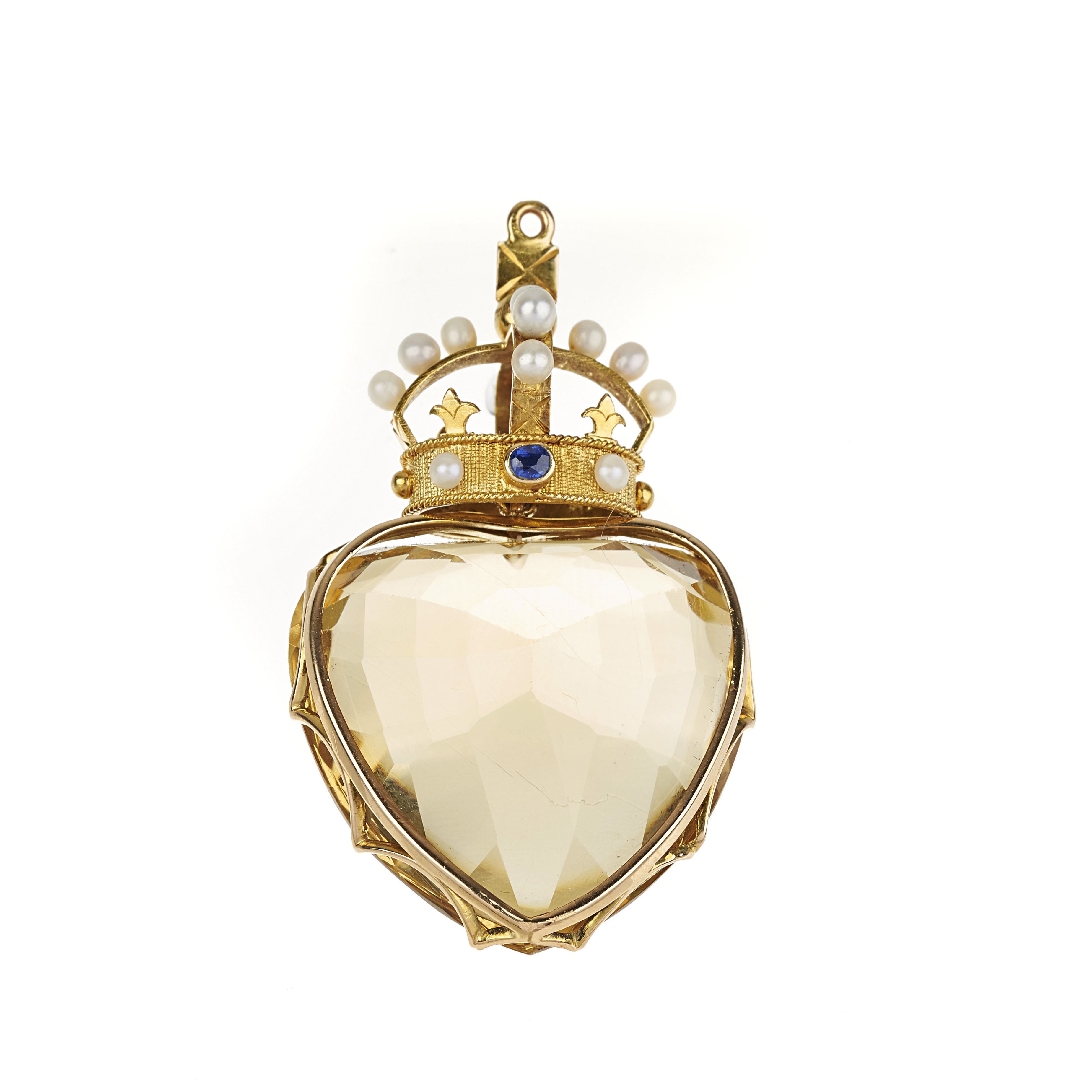 Grande pendente Corona in oro giallo 18 kt, perle, rubini e quarzo giallo