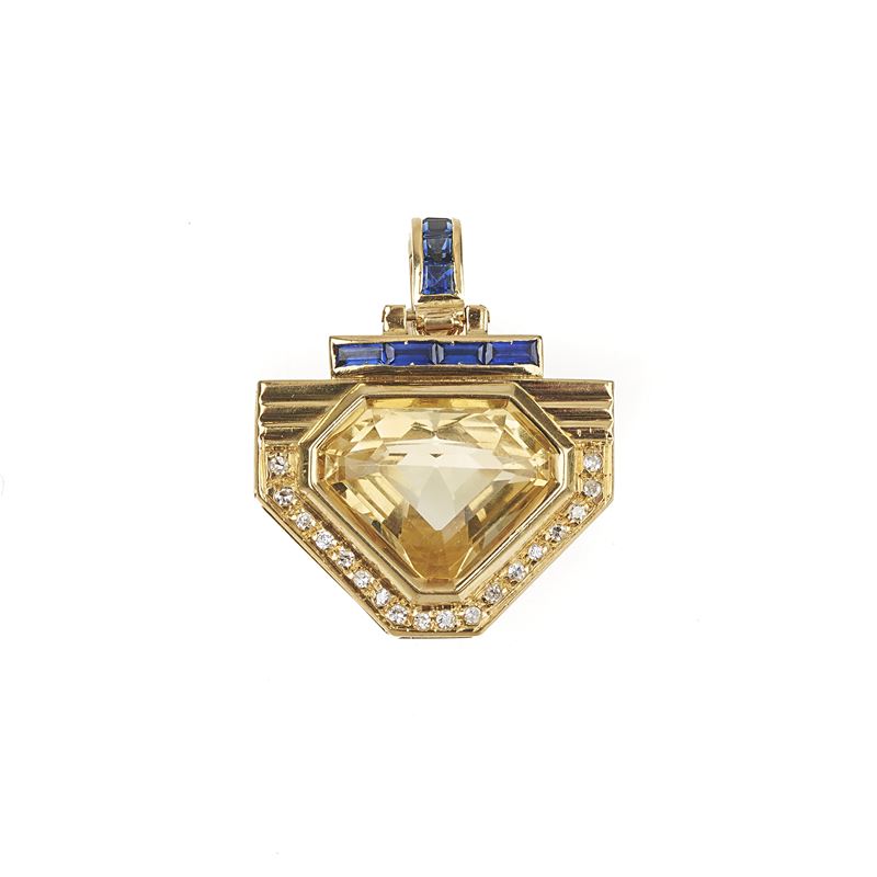 Pendente in oro giallo 18 kt, zaffiri, diamanti e quarzo citrino