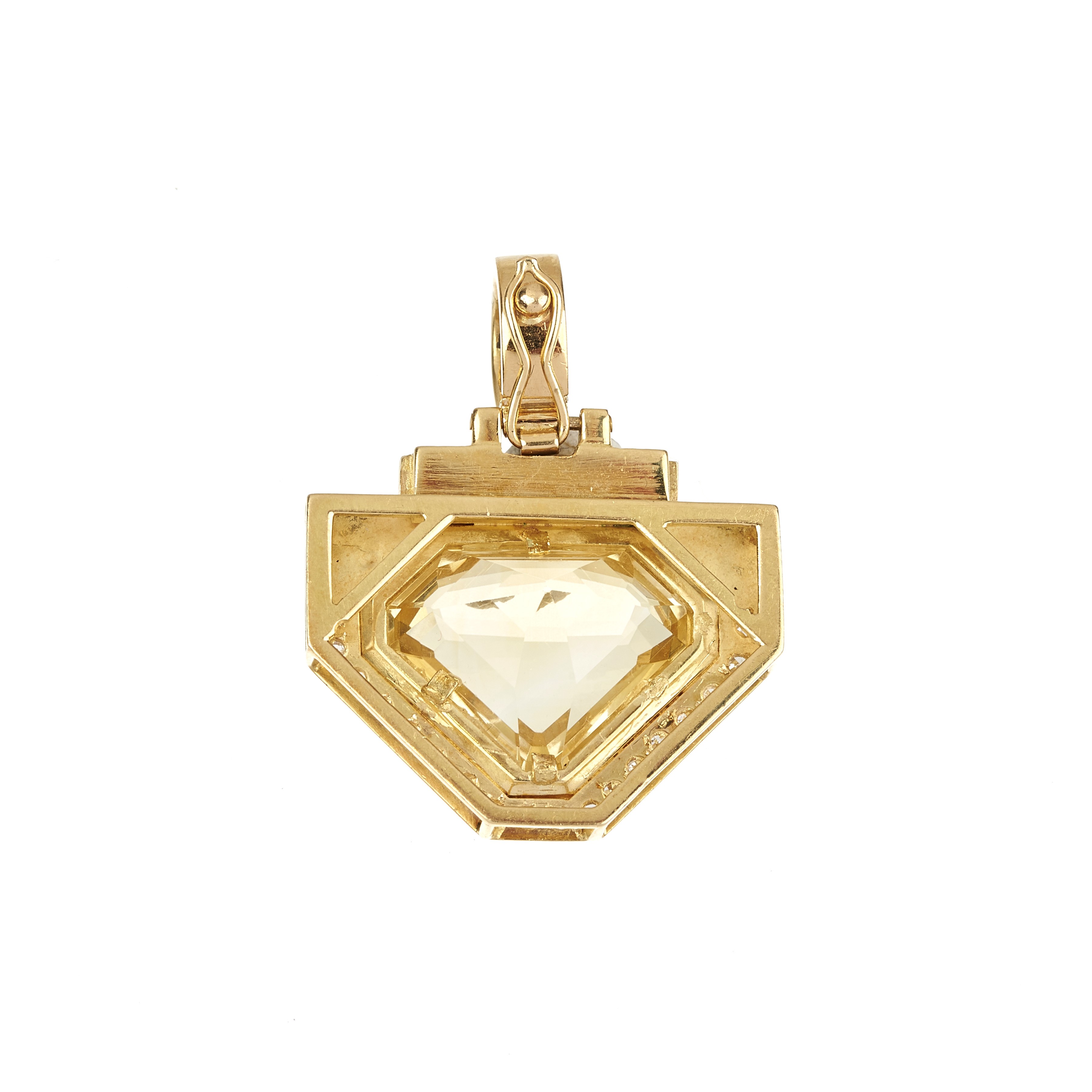 Pendente in oro giallo 18 kt, zaffiri, diamanti e quarzo citrino