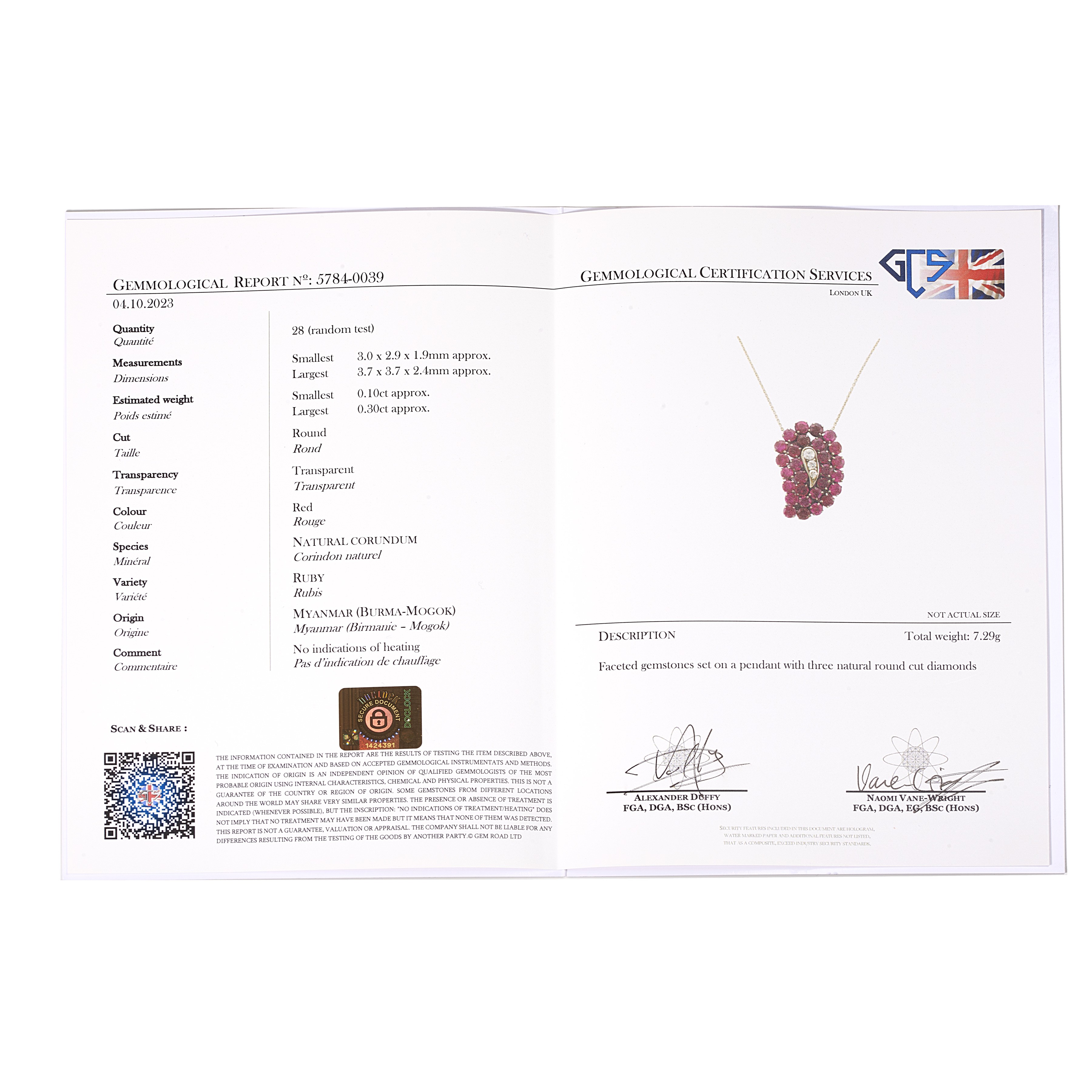 Pendente Piuma in oro bianco 12 kt , diamanti e rubini birmani naturali con catena in platino