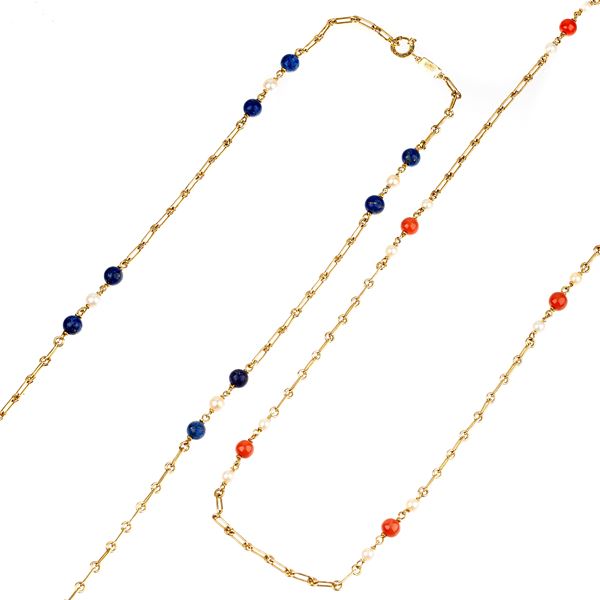 FAVILLI Two link necklaces in 18kt yellow gold, pearls, coral and lapis lazuli