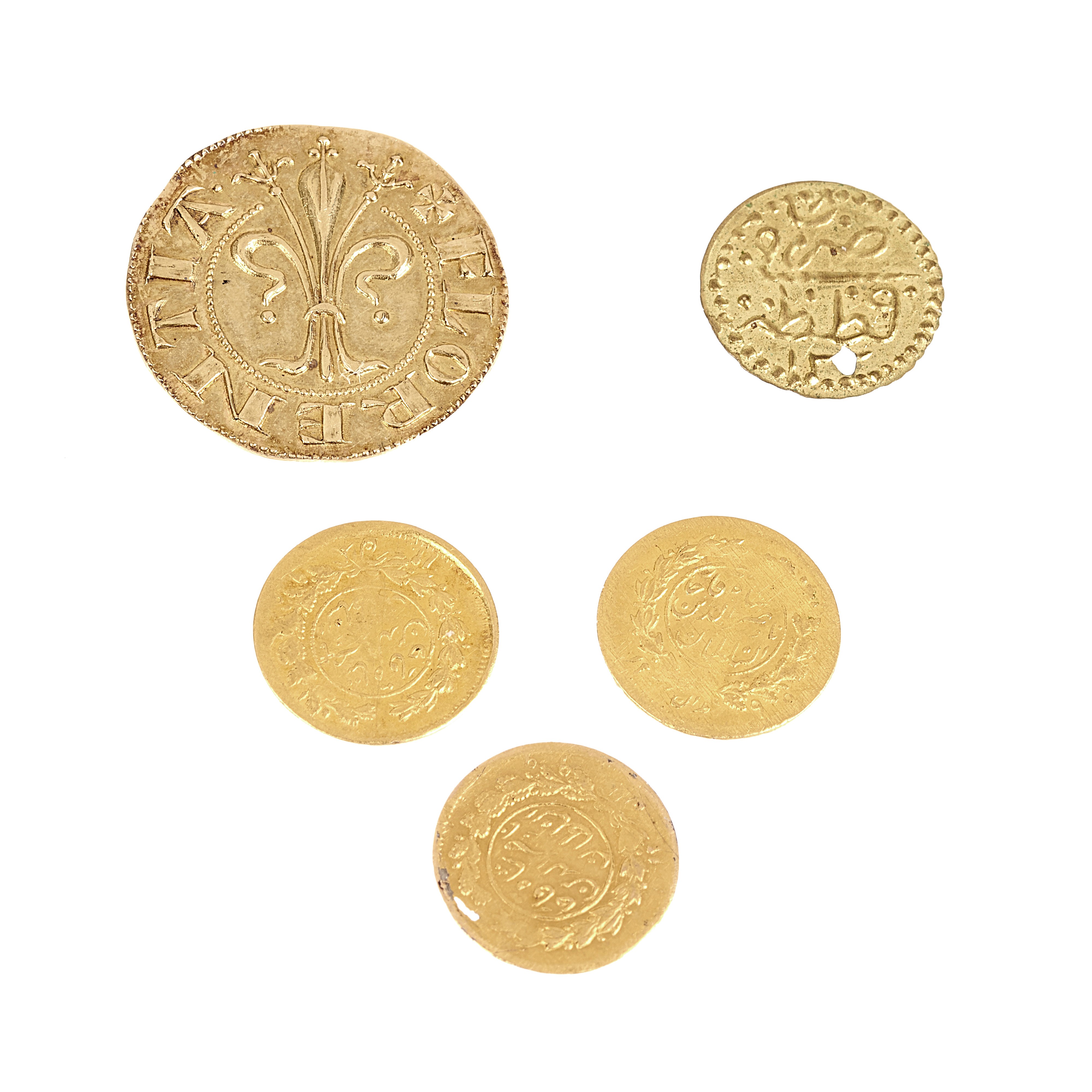 Lotto di un fiorino in oro e quattro monete varie in oro giallo 18 e 22 kt