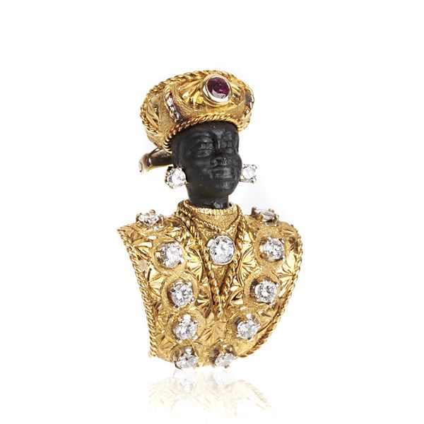MISSIAGLIA Moretto brooch in yellow gold, rubies, diamonds and ebony