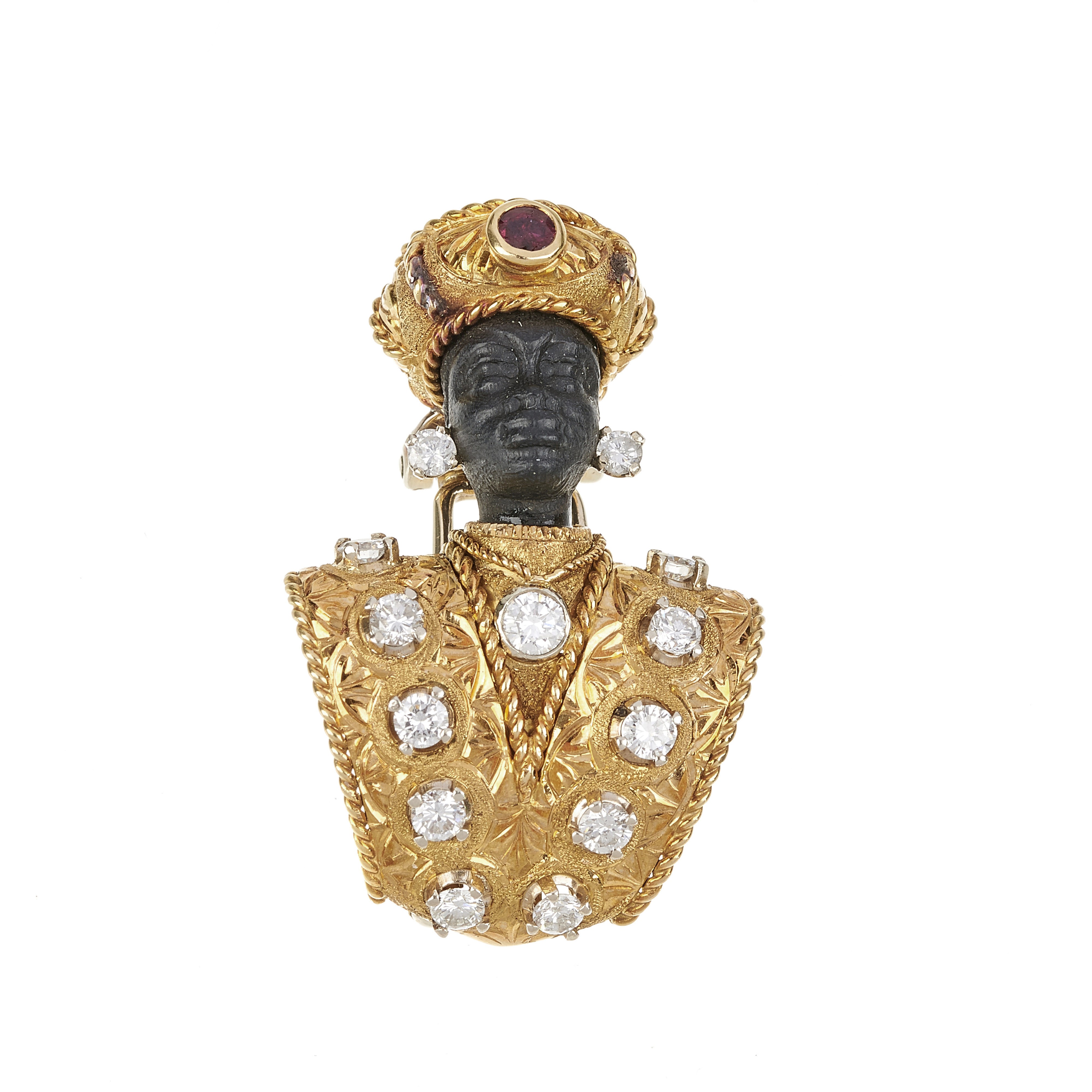 MISSIAGLIA Spilla Moretto in oro giallo 18 kt, rubini, diamanti e ebano