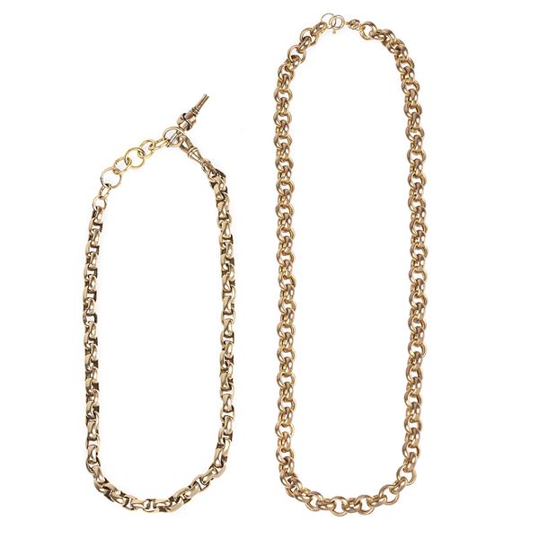 Two interlocking watch chains and a 9 kt gold key