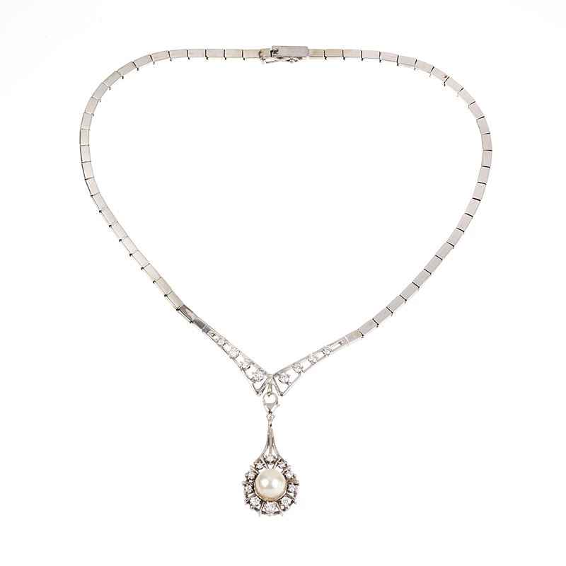 Girocollo in oro bianco 18 kt, diamanti e perla coltivata
