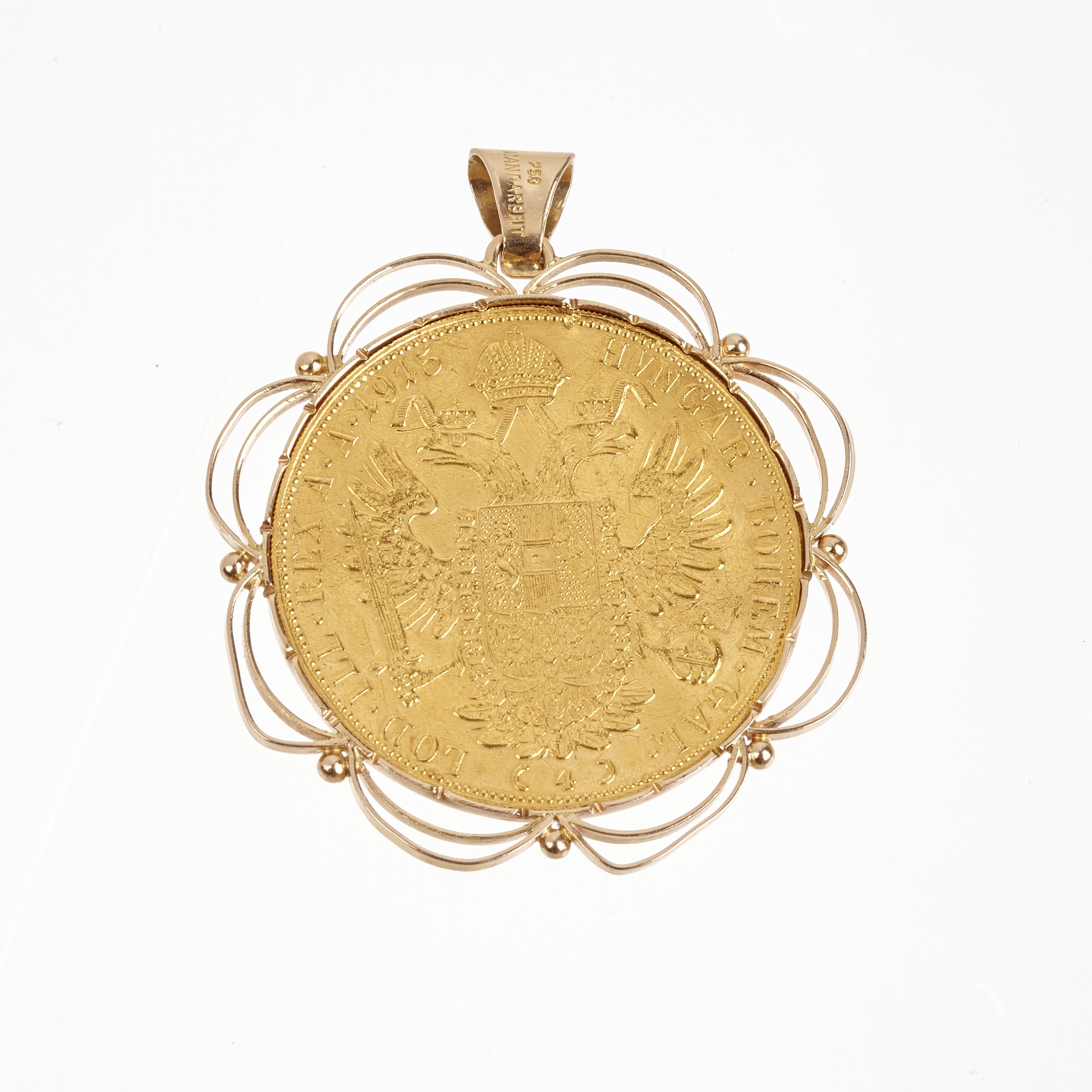 Grande pendente con marengo austriaco in oro giallo 21 e 18 kt