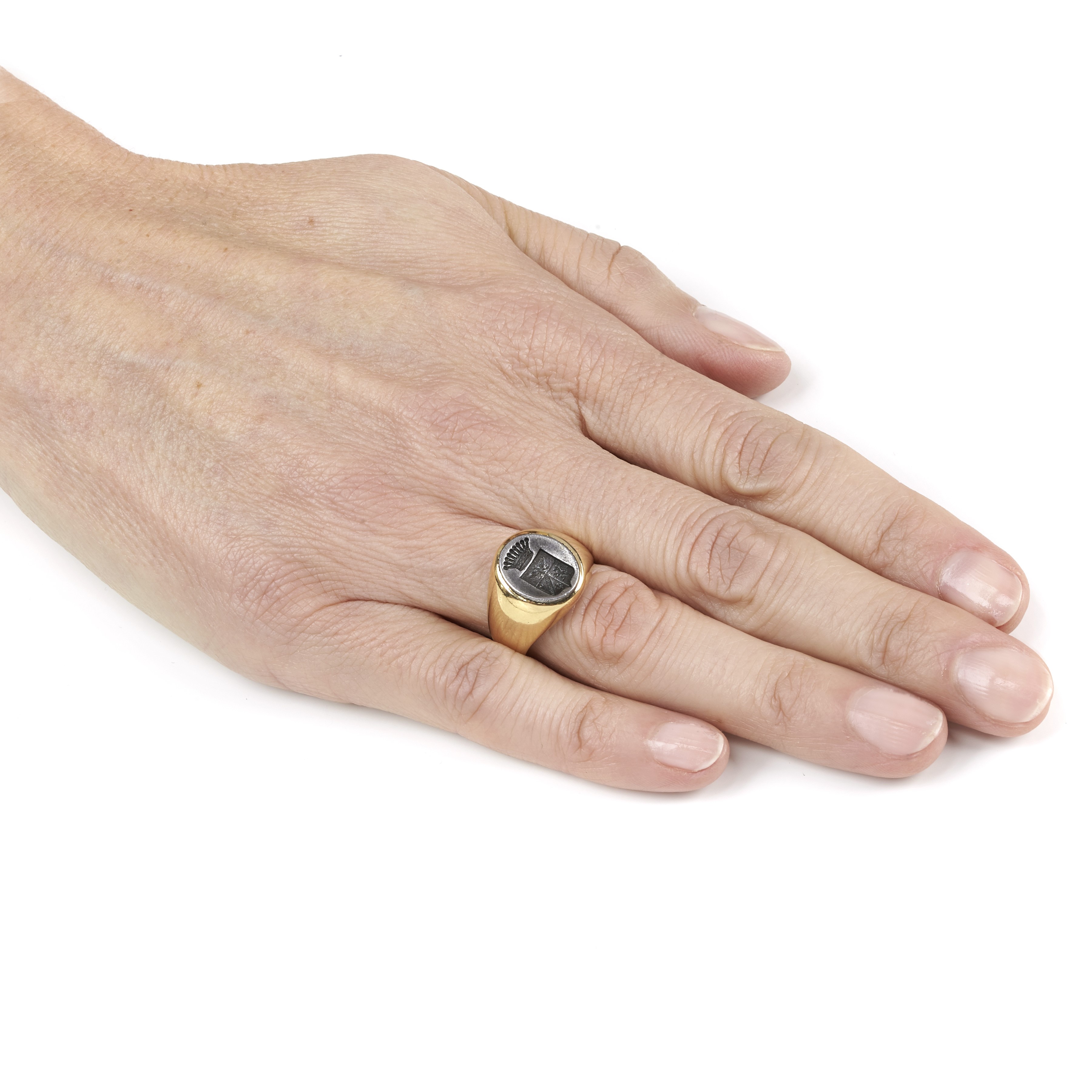 Anello chevalier con stemma in oro giallo 18 kt e argento