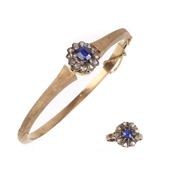 Circle bracelet and ring in 18 kt pink gold, diamonds and sapphires